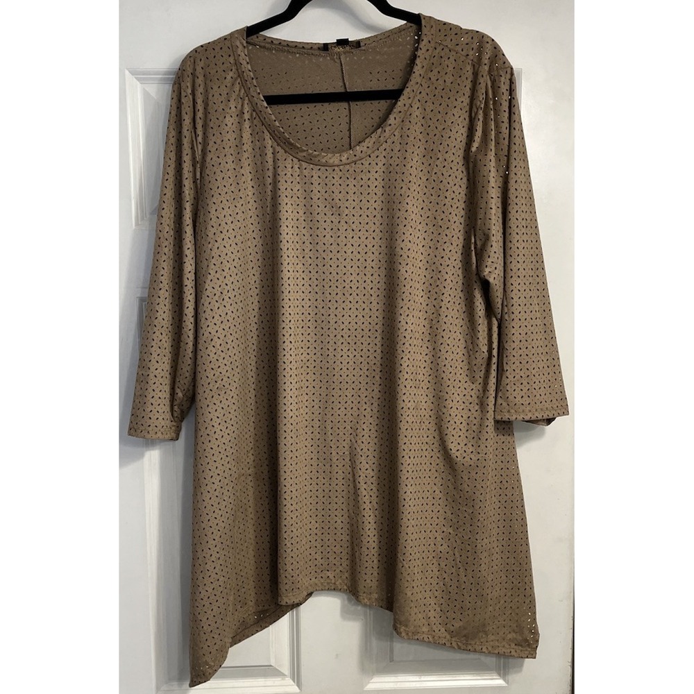 Cal Style Top 3XL Asymmetrical Hem 3/4 Sleeve  Eyelet Tunic Brown Velvet